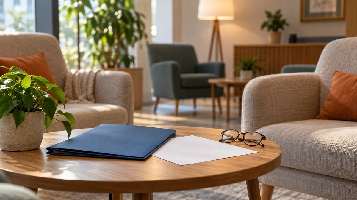 Pasta azul fechada e óculos sobre mesa lateral em uma sala comunitária de leitura.