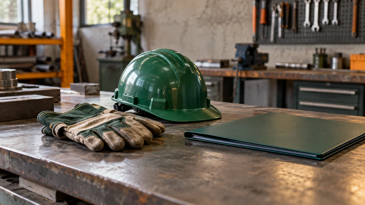 Luvas de proteção e capacete verde sobre bancada metálica em oficina industrial.
