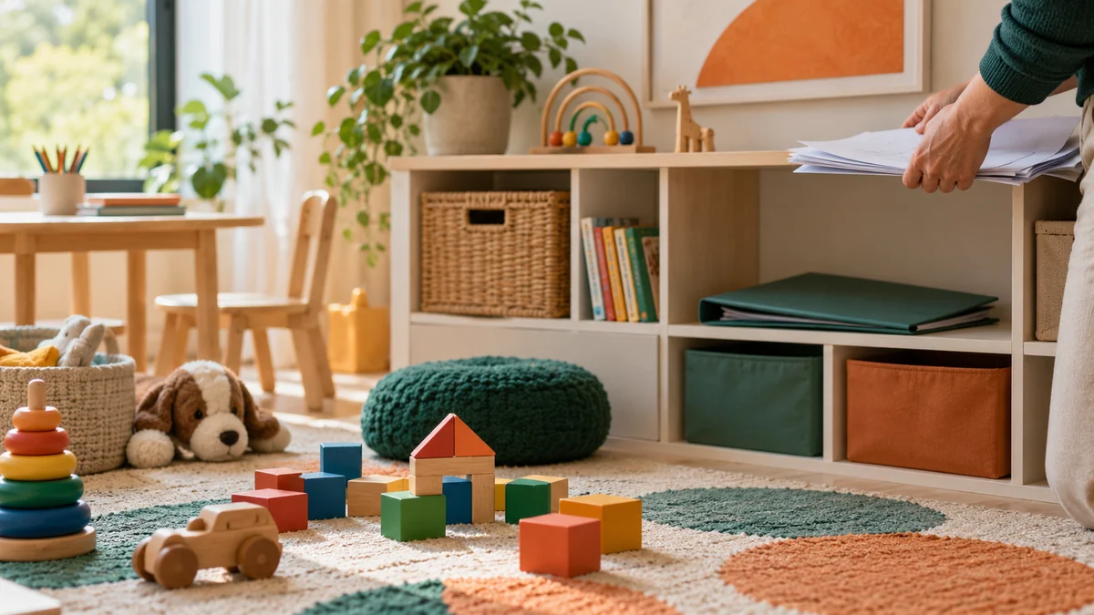 Brinquedos coloridos em uma sala infantil e mãos organizando folhas em branco ao fundo.
