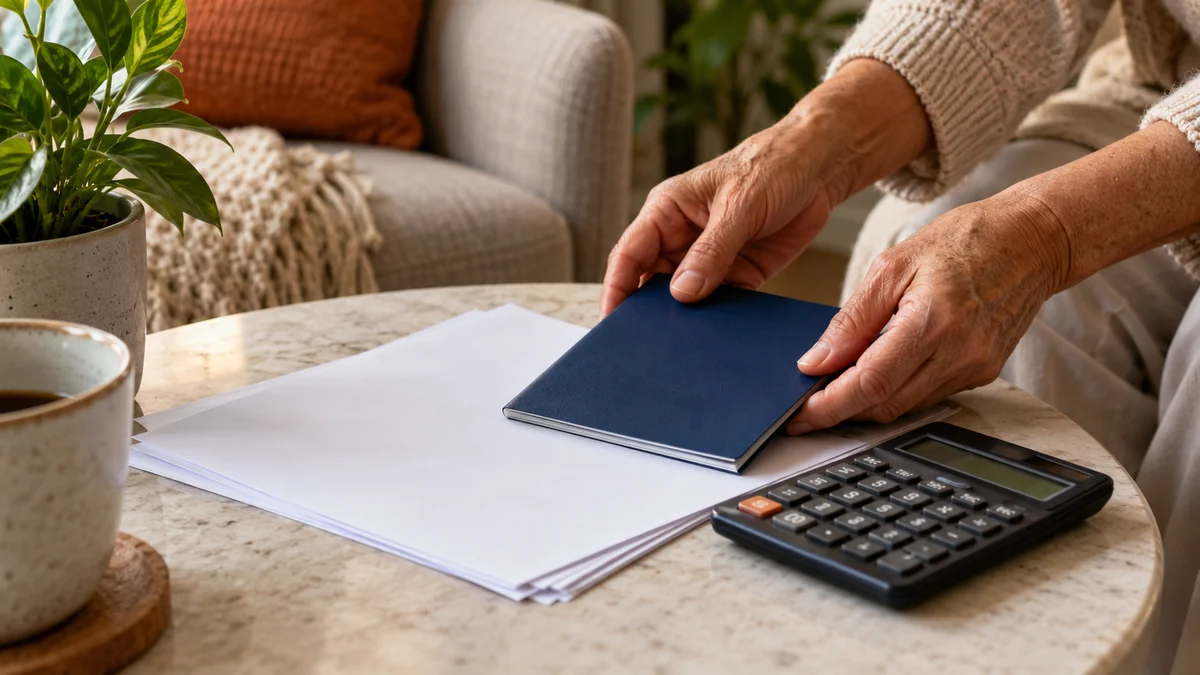 Mãos idosas organizando um caderno azul sem identificação, folhas em branco e calculadora em uma sala de leitura.