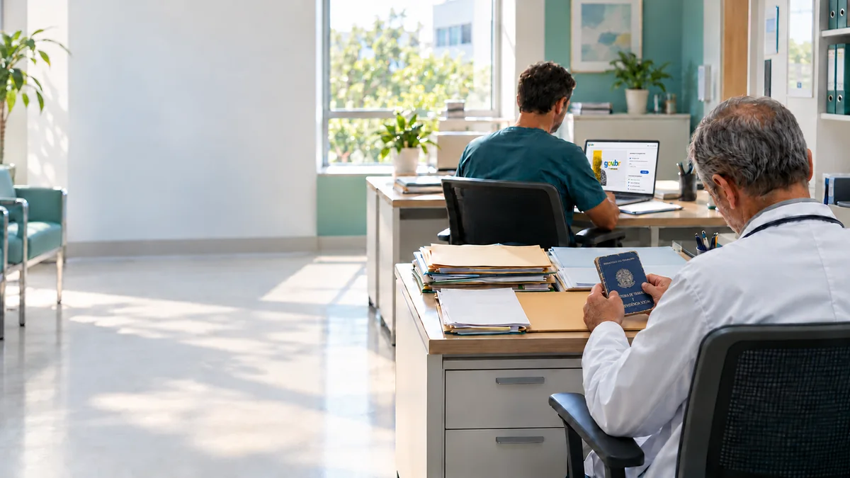Dois médicos vistos de costas em uma sala hospitalar; um acessa o gov.br no computador e o outro observa uma carteira de trabalho azul desgastada.