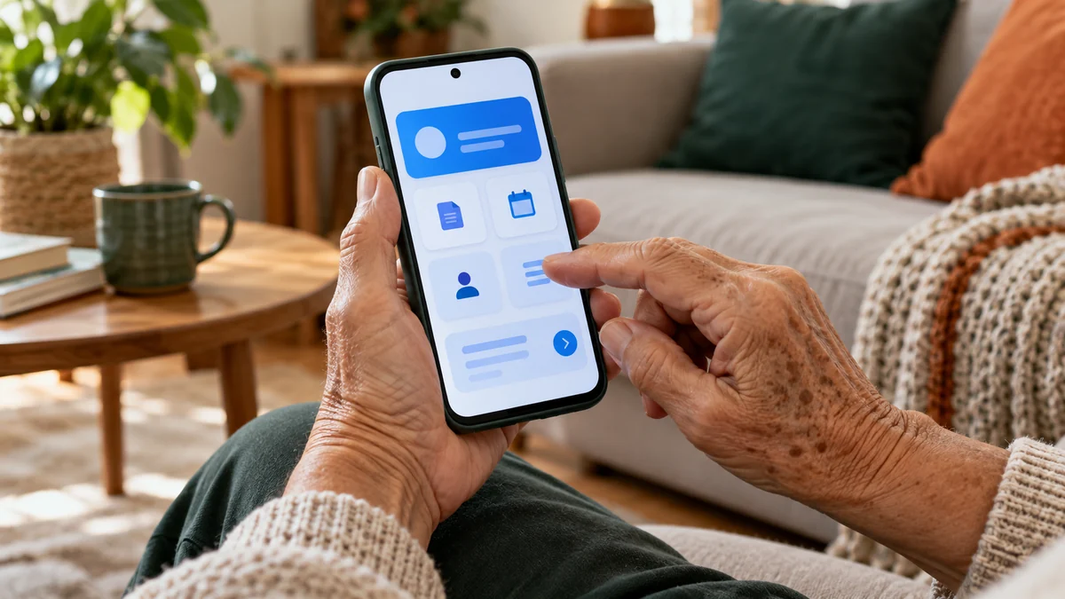 Mãos idosas usando celular com interface genérica azul e branca, sentadas em uma sala de estar.